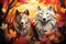 two wolfs in the forest with autumn leaves