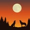 Two wolves howls at the full moon orange and brown landscape