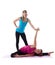 Two woman gymnast trainer help doing stretch