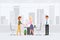 Two woman hands shaking meeting appointment with man assistant vector. Partners negotiate at office interior cartoon character set