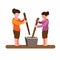 Two woman pounding rice grain, traditional activities woman in asian illustration in cartoon flat illustrtion vector