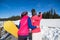 Two Woman Ski And Snowboard Resort Winter Snow Mountain Girls Taking Selfie Photo Smart Phone