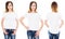 Two woman in t-shirt front views, back view of girl in tshirt isolated