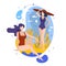 Two women in bathing suits on a tropical beach. Flat illustration concept.