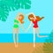 Two women on the beach, girlfriends or lesbi couple, vector illustration