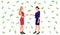 Two women businesswomen secure handshake agreement on cooperation on background of flying money. Vector illustration