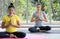 Two women in class, relaxation exercise or yoga class