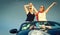 Two women in convertible car enjoying car trip