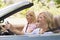 Two women in convertible car smiling