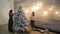 Two women decorate artificial fir tree covered with frost.