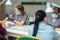 Two women getting a manicure by two manicurists