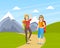 Two Women Hiking on Nature, Cheerful Tourists in Outdoor Mountain Landscape, Summer Holidays Adventure Vector