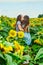 Two women hug each other on sunflower field