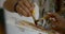 Two women are mixing dyes on palette in painting workshop, they are using brushes, closeup view