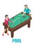 Two women playing billiard, arcade pool game, vector isometric illustration. Game club attractions, entertainment.