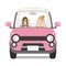 Two women riding the pink car, Front view - Isolated