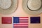 Two women`s beach straw hats, passports