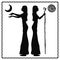 Two women. Silhouette. A woman with a staff, stick. A woman with outstretched arms. Vector