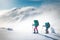 Two women on a winter hike. Girlfriends with trekking sticks go along a snow-covered mountain path. Girls with backpacks and