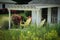 Two wooden Adirondack chairs in the garden with grass and colorful flowers