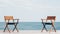 Two wooden chairs sitting on top of a pier next to the ocean, AI