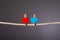 Two wooden clips with red and blue heart on the white rope on grey background