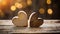 Two wooden hearts on a rustic table