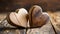 Two wooden hearts on a rustic table