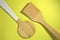 Two wooden kitchen spatulas. Top view. Close up