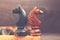 Two wooden knights in chess, retro and vintage object, game