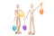 Two wooden little men with easter eggs on isolated white