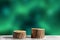 Two wooden round saw cuts on a fantasy green gradient background. Natural podiums for advertising cosmetic products and