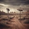 Two wooden signs on a dirt road in the desert