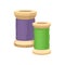 Two wooden spools with green and purple threads. Sewing materials. Flat vector design