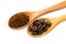 Two wooden spoons,coffee beans and ground coffee