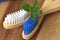 Two wooden toothbrushes with spearmint plant macro