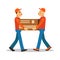 Two workers mover men holding and carrying heavy cardboard box, couriers in uniform at work cartoon characters vector