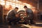 Two workers are repairing a car wheel in a workshop. 3d rendering, Car mechanics changing tire at auto repair shop garage, AI