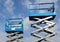 Two working platforms called scissor elevator against blue sky with clouds