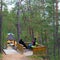 Two Yakut girls are resting on a bench in the forest in the Park playing phone