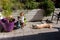 Two year old girl and Labrador Retriever in the patio of a country house