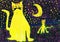 Two yellow cats at night under the moon. Children`s drawing