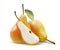 Two yellow pears and quarter split on white