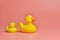 Two yellow rubber ducks toys, copy space. Cute funny bath toys, minimal kidult concept. Pink background