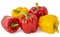 Two yellow and three bright red sweet ripe appetizing bell peppers