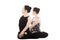 Two Yogi female partners sitting in yoga Lotus Pose