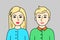 Two young adults, European family, man and woman with blond hair. Pair of friendly nice people, cartoon simple portrait. Vector