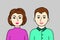Two young adults, European family, man and woman with brown hair. Pair of friendly nice people, cartoon simple portrait. Vector