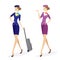 Two Young beautiful hostess in blue with baggage