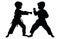 Two young boys doing karate silhouette, Two karate young boys fighters in a match